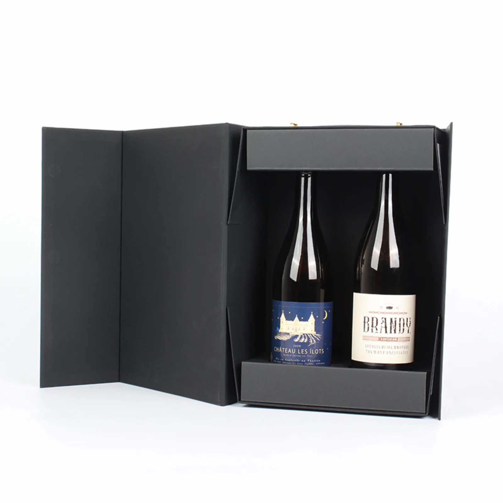 Black Double Cardboard Wine Bottle Gift Box With Magnetic Closure 5