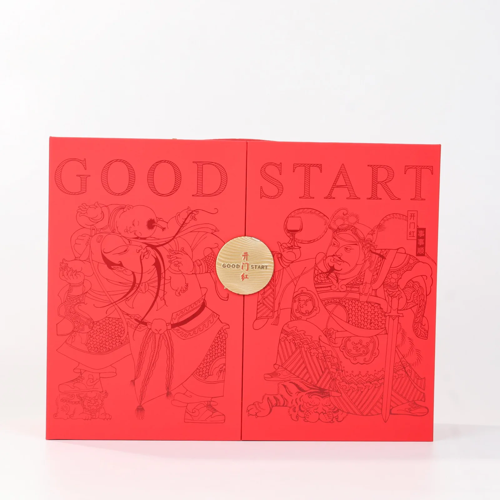 Double Bottle Red Wine Gift Box with Door God Motif 2
