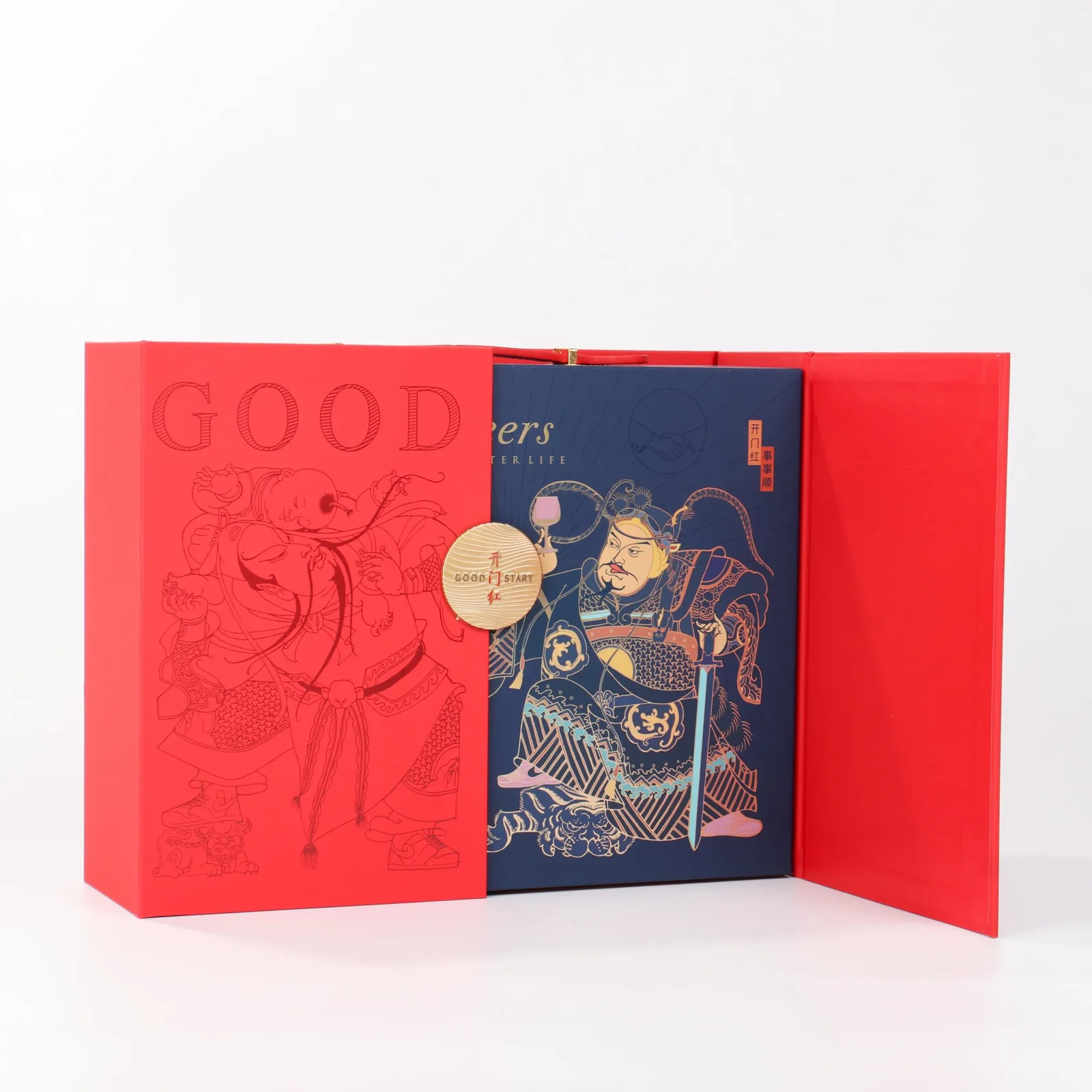 Double Bottle Red Wine Gift Box with Door God Motif 5